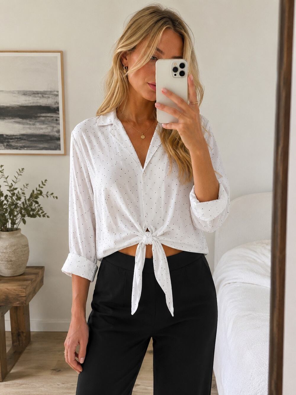 BCBGeneration White Black Satin Polka Dot Tie Front Collared Blouse L Y2K Career